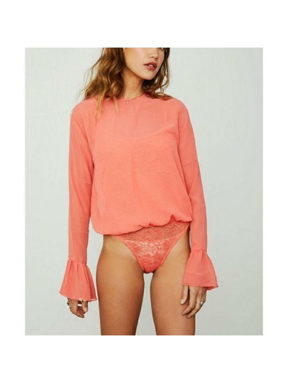 Hot as Hell Coral C It Through Lace Mesh Long Sleeve Bodysuit NEW